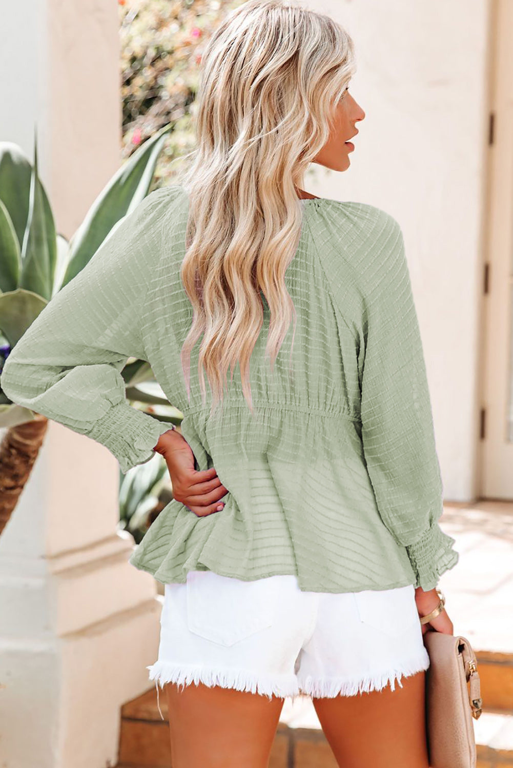 Green Textured Tie Front Peplum Blouse