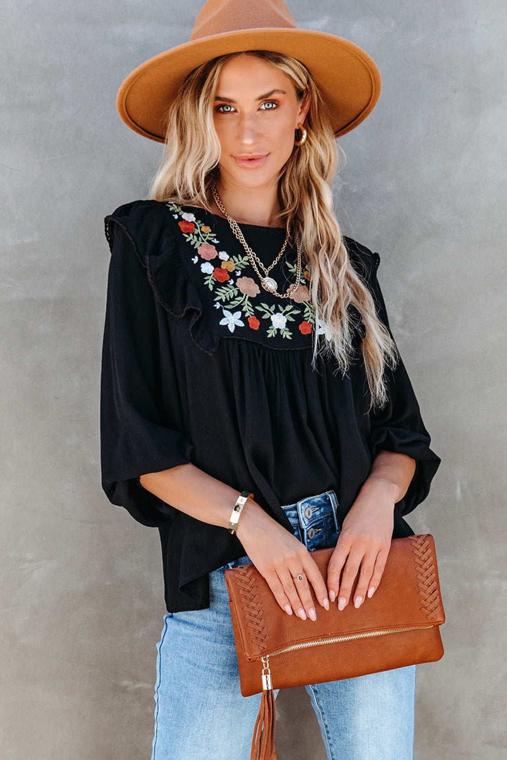 Black Bohemian Floral Embroidered Ruffled Babydoll Top