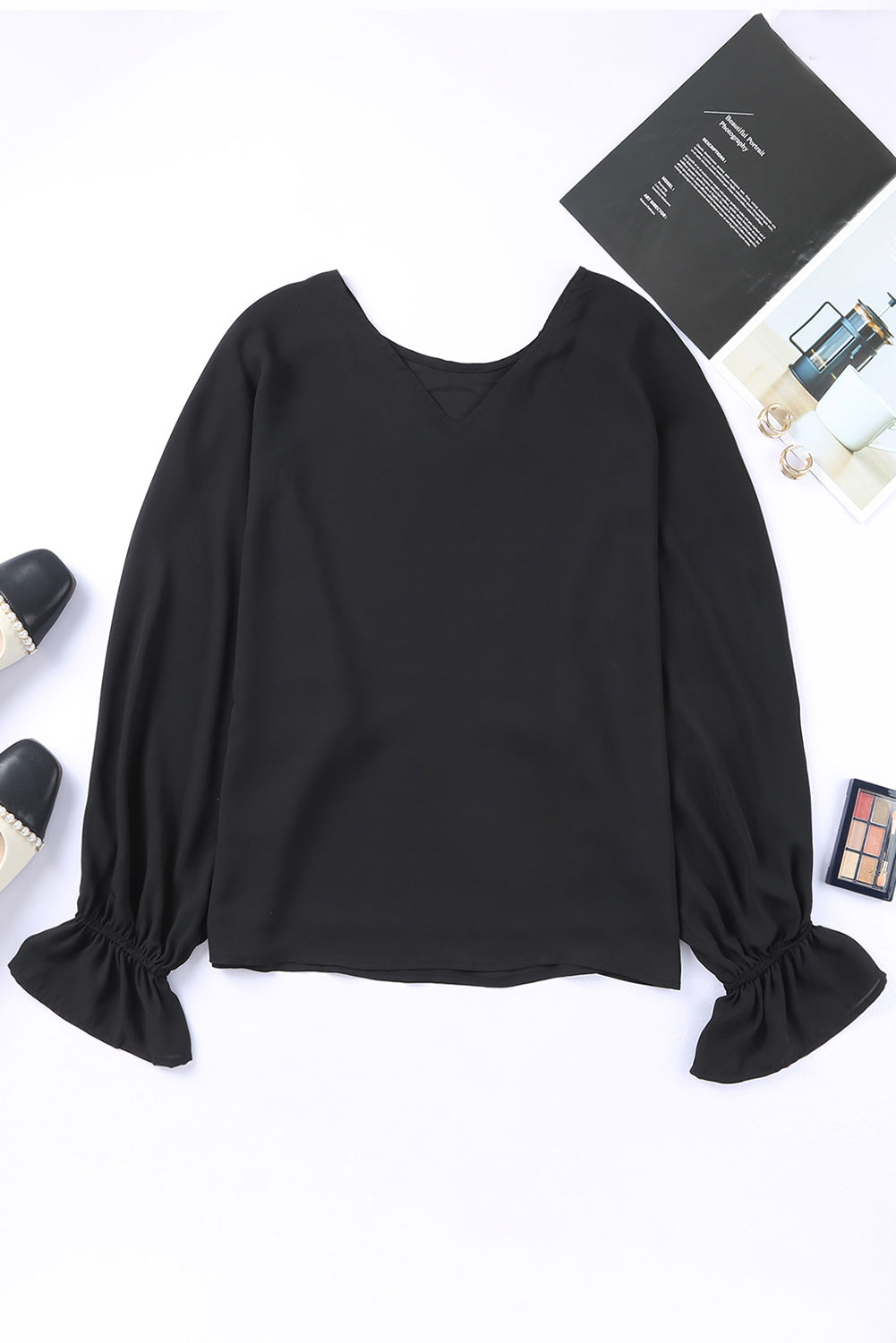 Black Flared Cuff Bishop Sleeve Blouse