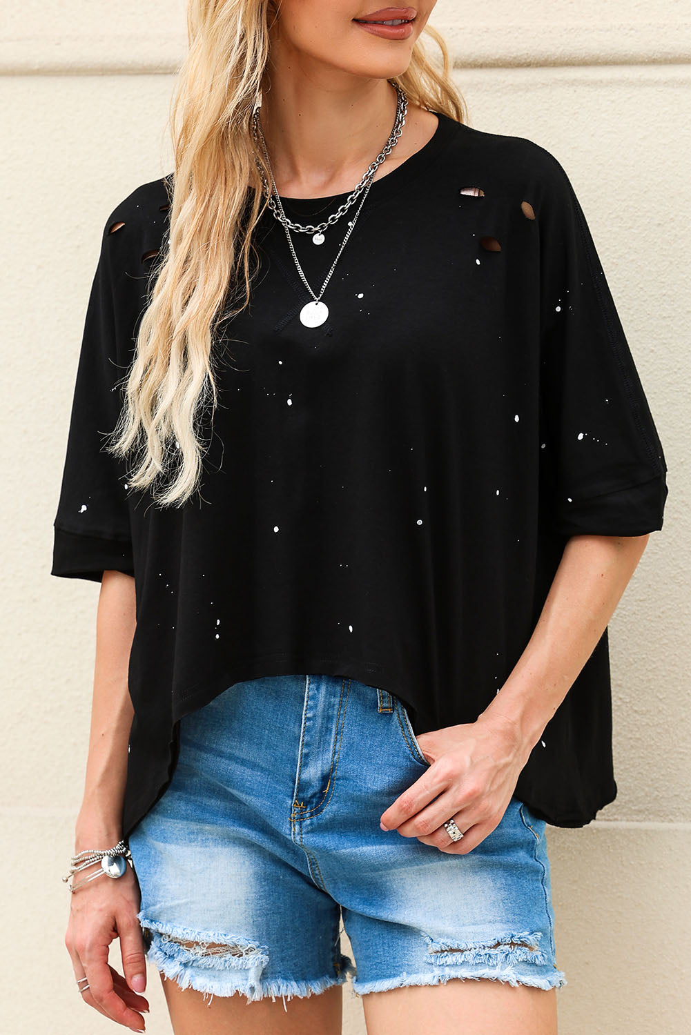 Black Distressed Bleached Asymmetric Hem Short Sleeve Top