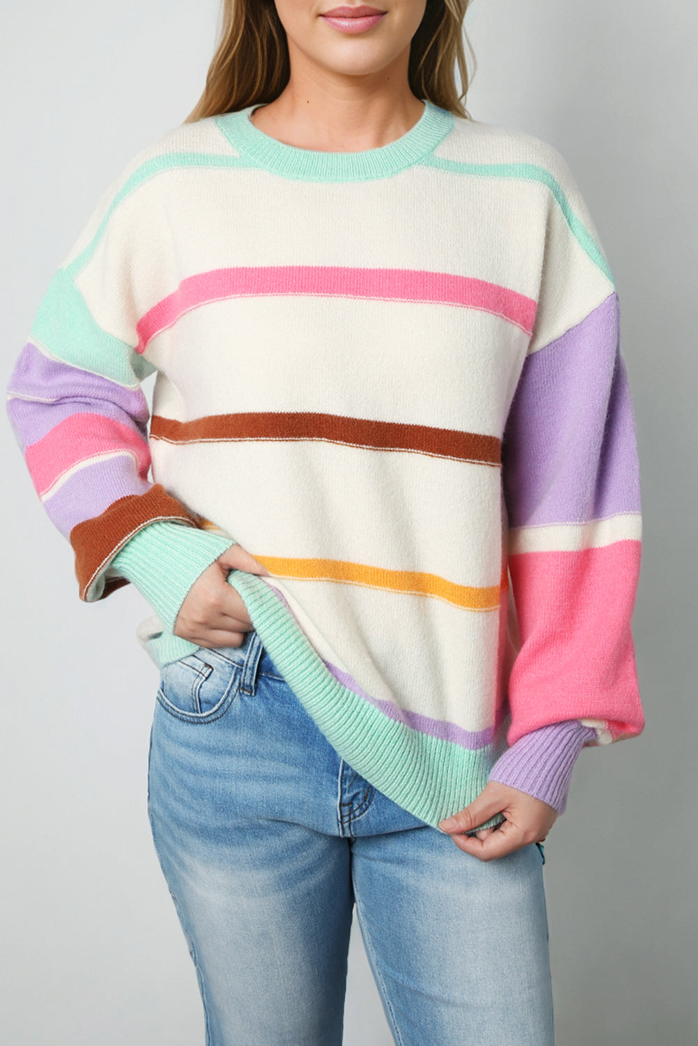 Multicolor Striped Colorblock Drop Shoulder Sweater