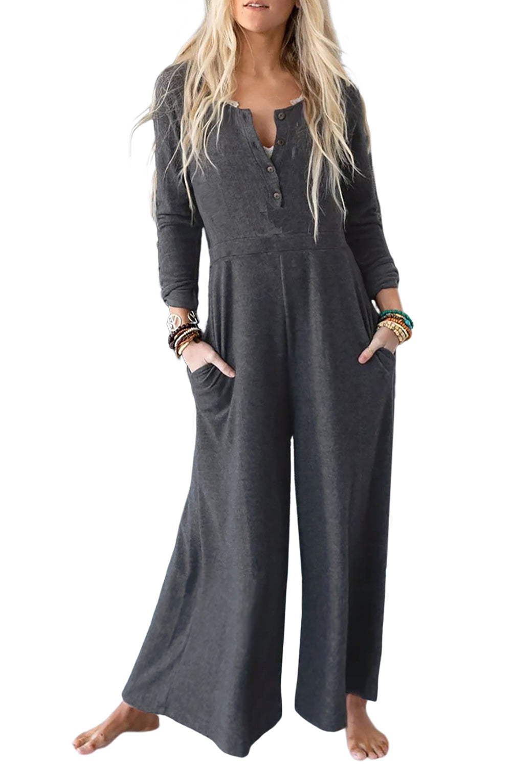 Gray Button Long Sleeve Wide Leg Jumpsuit