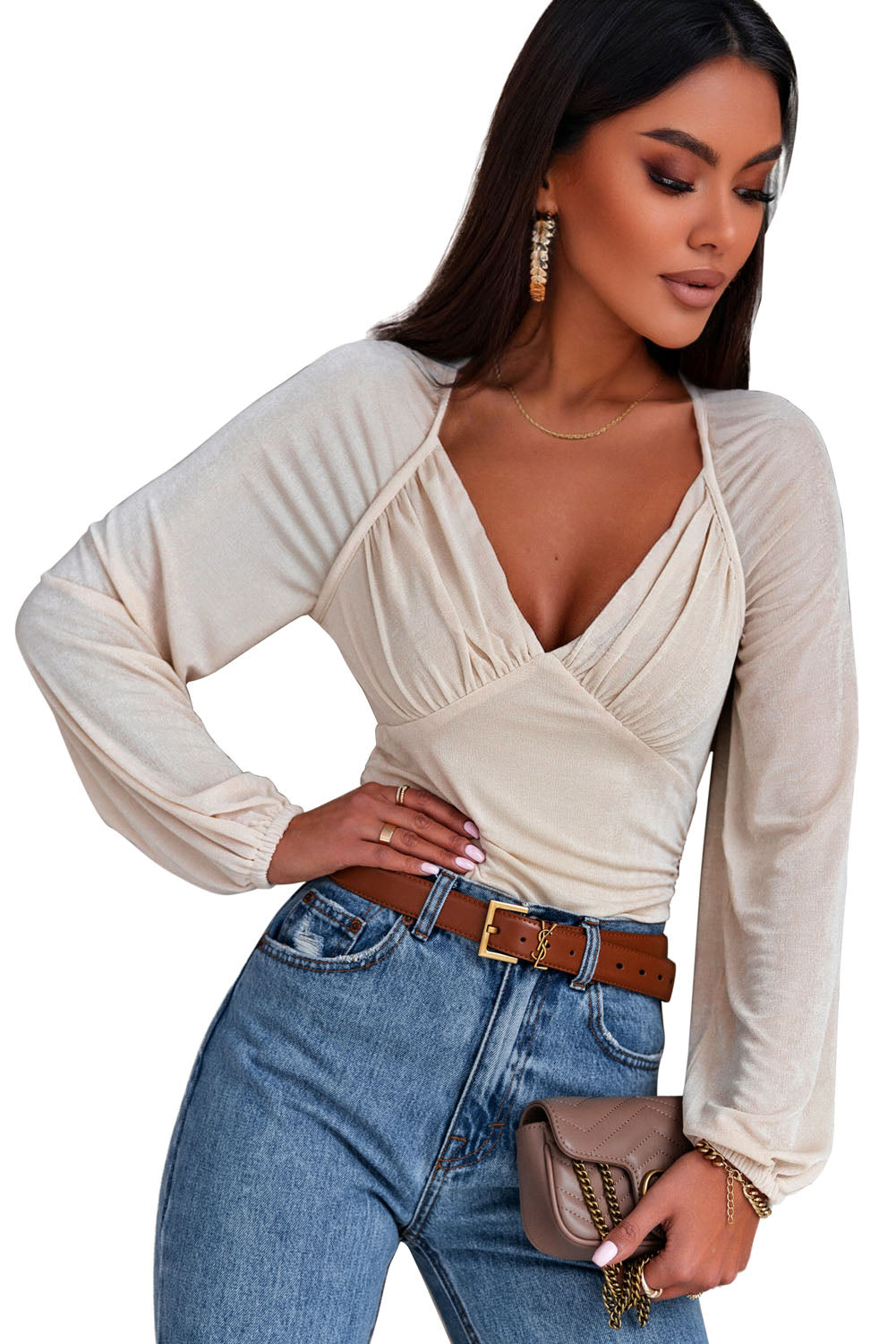 Beige Ruched Deep V Neck Long Sleeve Bodysuit