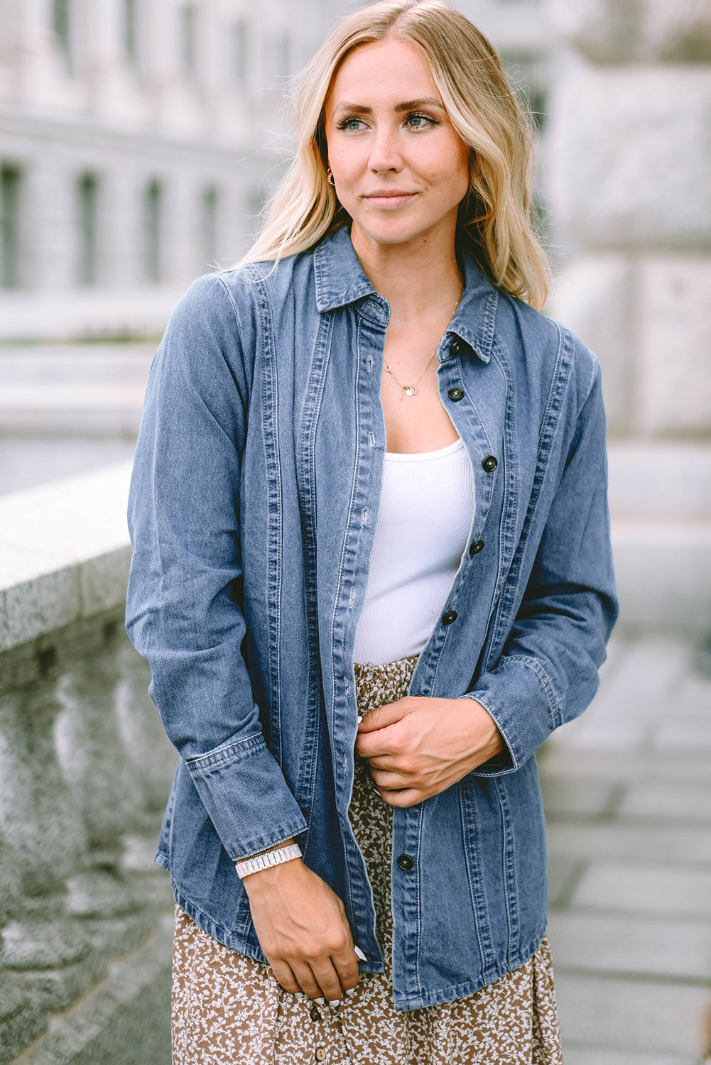 Sky Blue Button-up Long Sleeve Denim Shirt Jacket