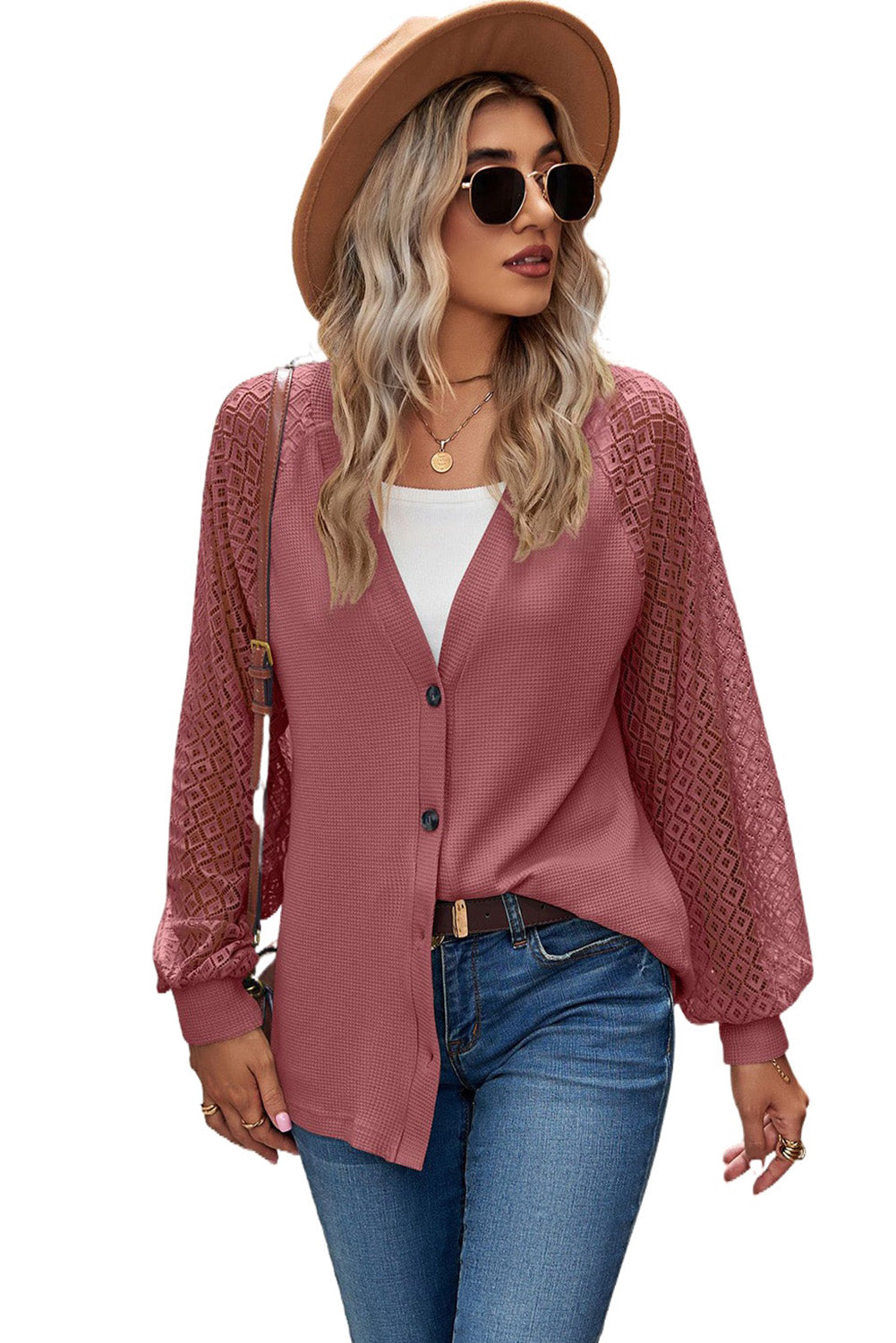 Waffled Knit Lace Long Sleeve Buttoned Cardigan