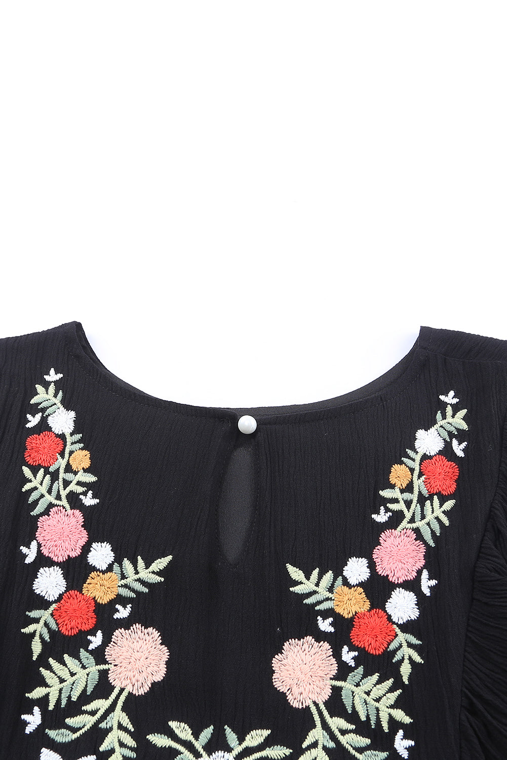 Black Bohemian Floral Embroidered Ruffled Babydoll Top