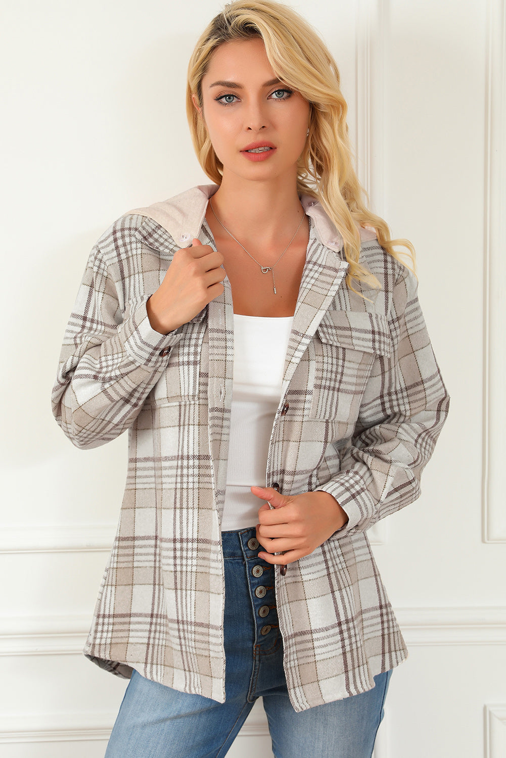 Khaki Plaid Removable Hood Buttoned Shacket