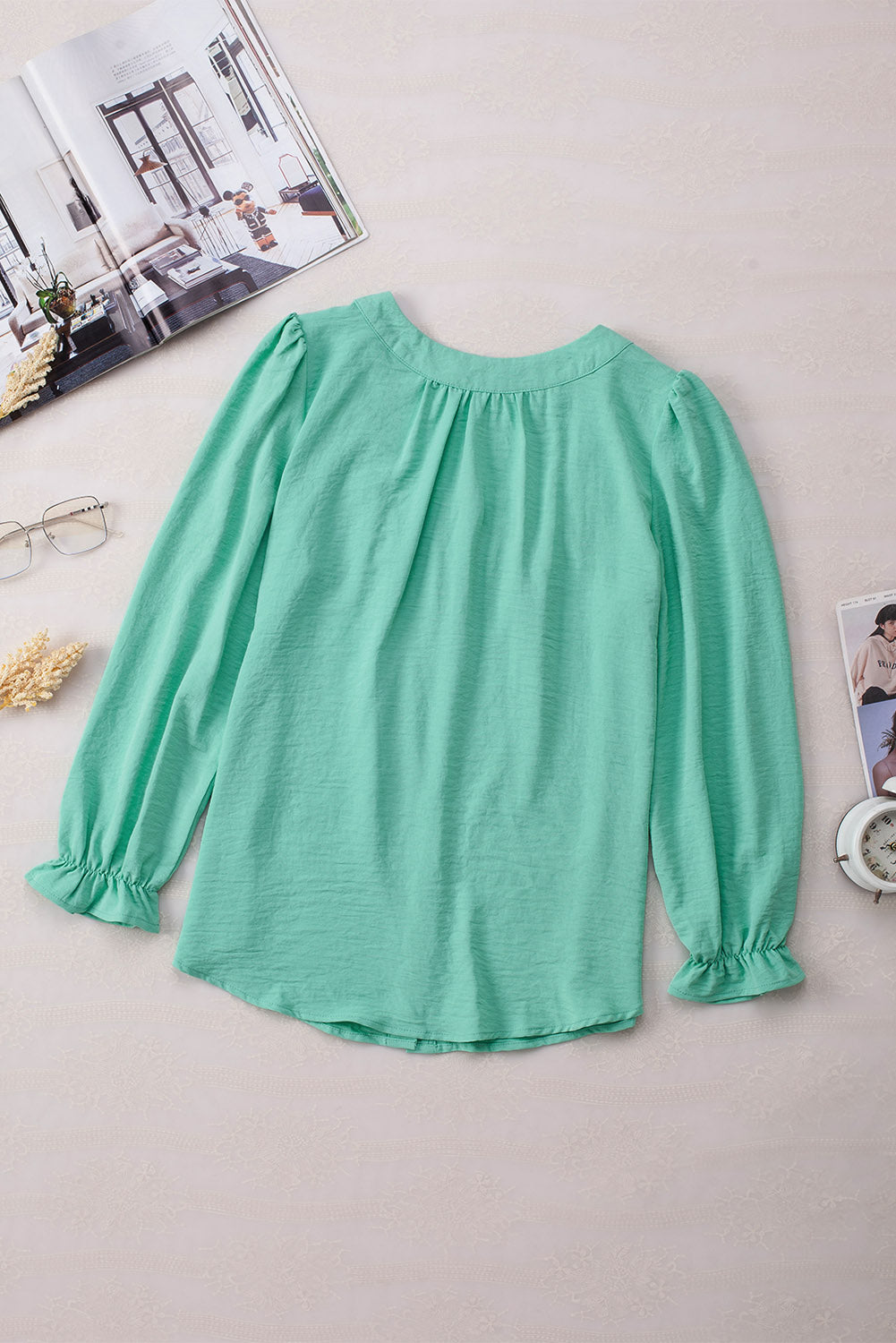 Green Flounce Sleeve Square Neck Button-Up Shirt