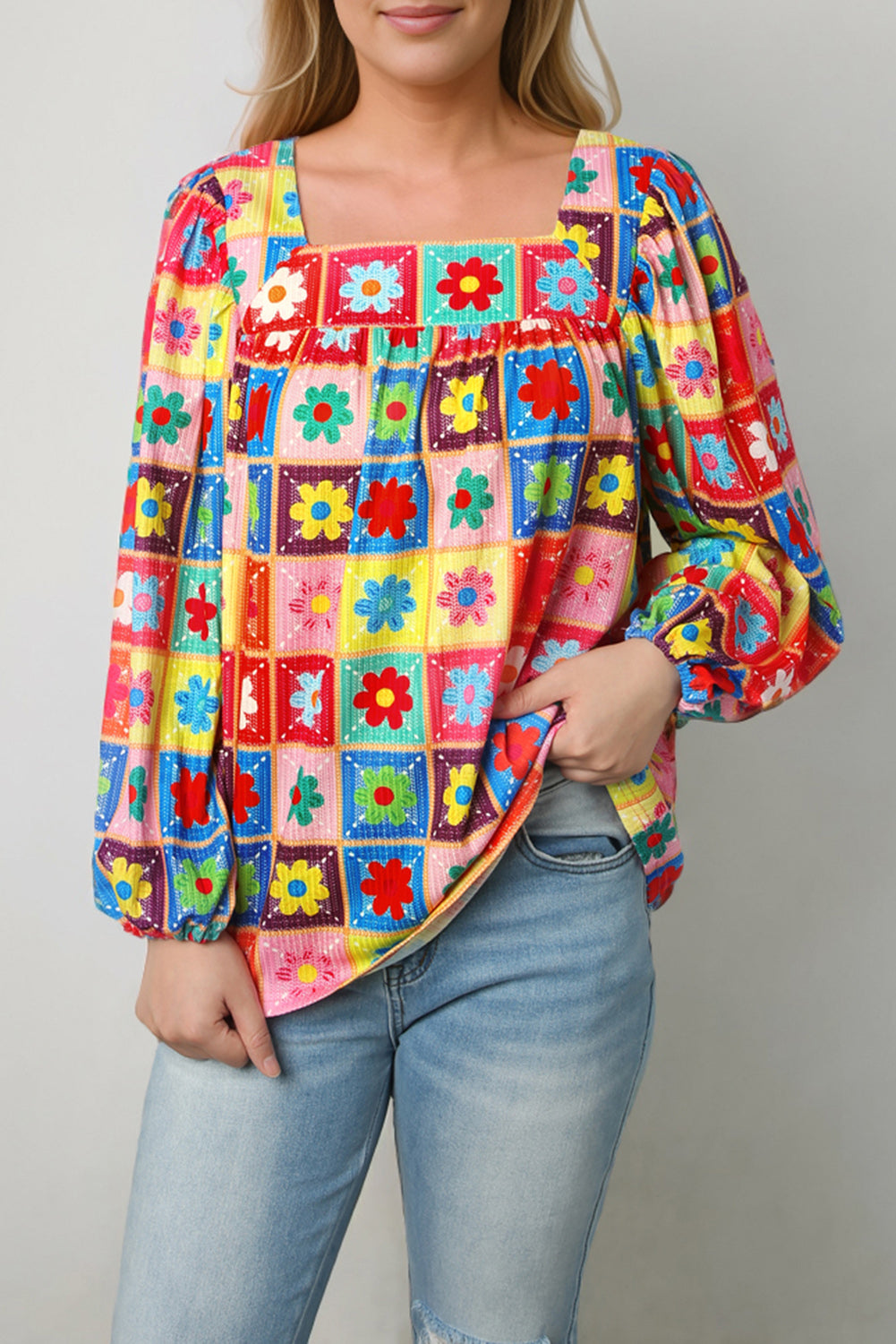 Multicolor Floral Crochet Square Neck Puff Sleeve Blouse