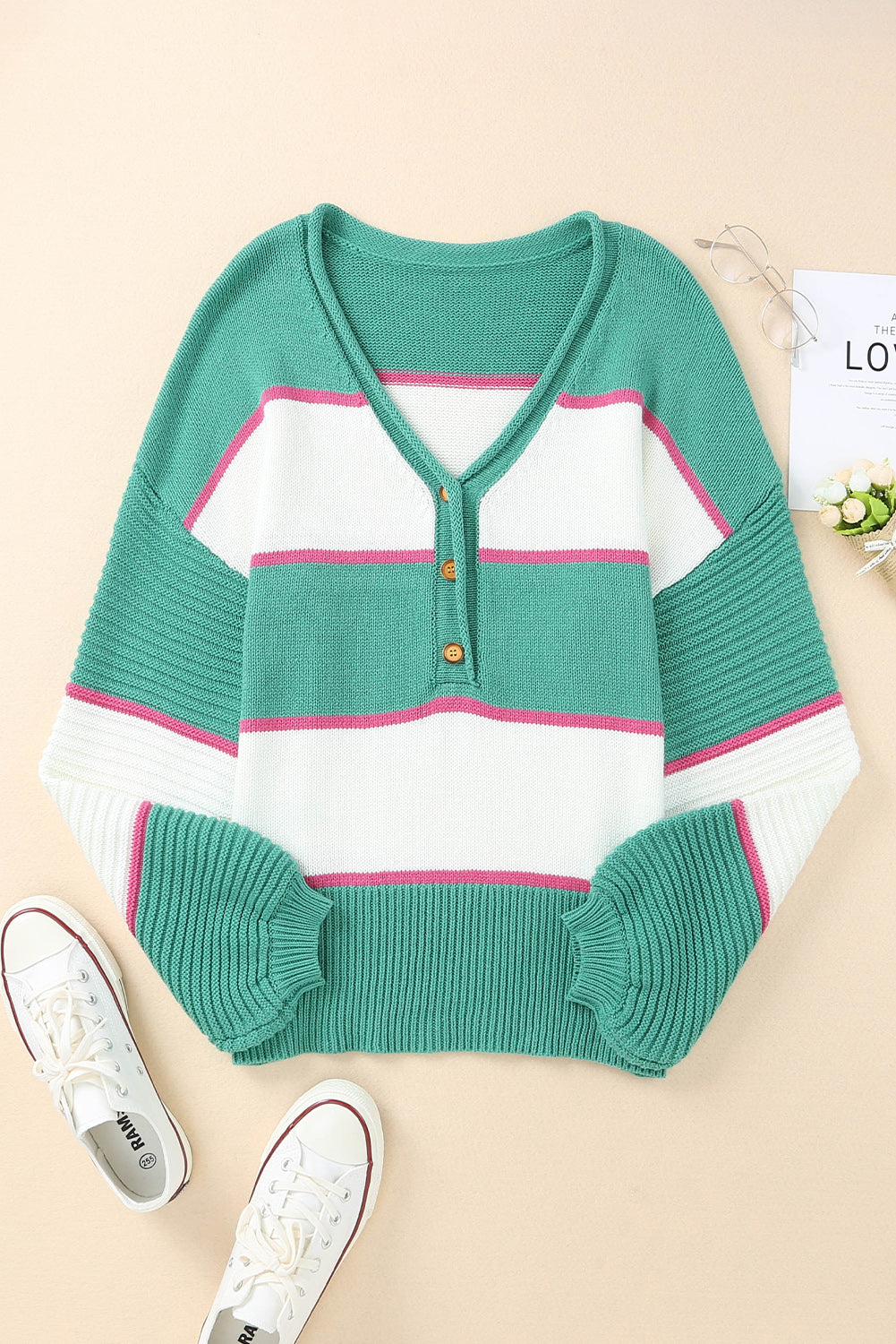 Green Striped Color Block Knitted Buttoned V Neck Sweater