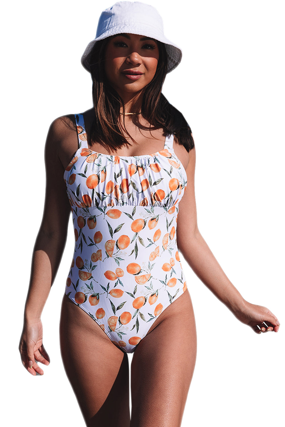 White Fruit Pattern Print Ruched One-piece Swimsuit