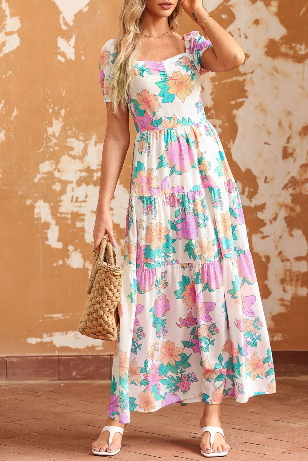 Multicolor Square Neck Puff Sleeve Tiered Floral Maxi Dress