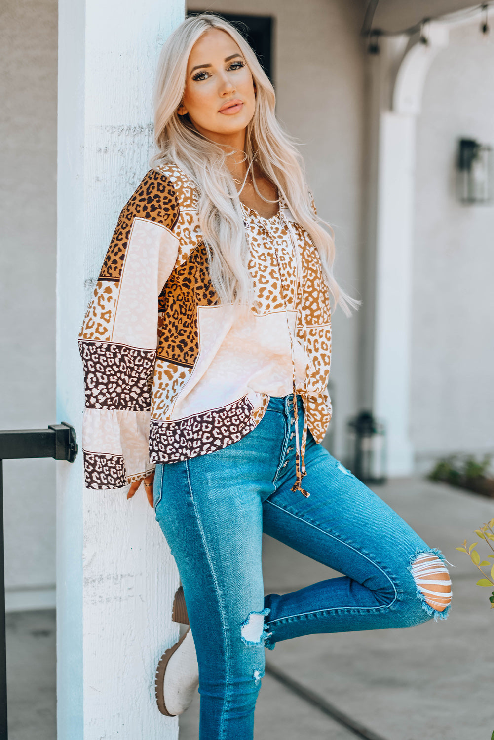 Brown Colorblock Leopard Ribbon Tie Blouse