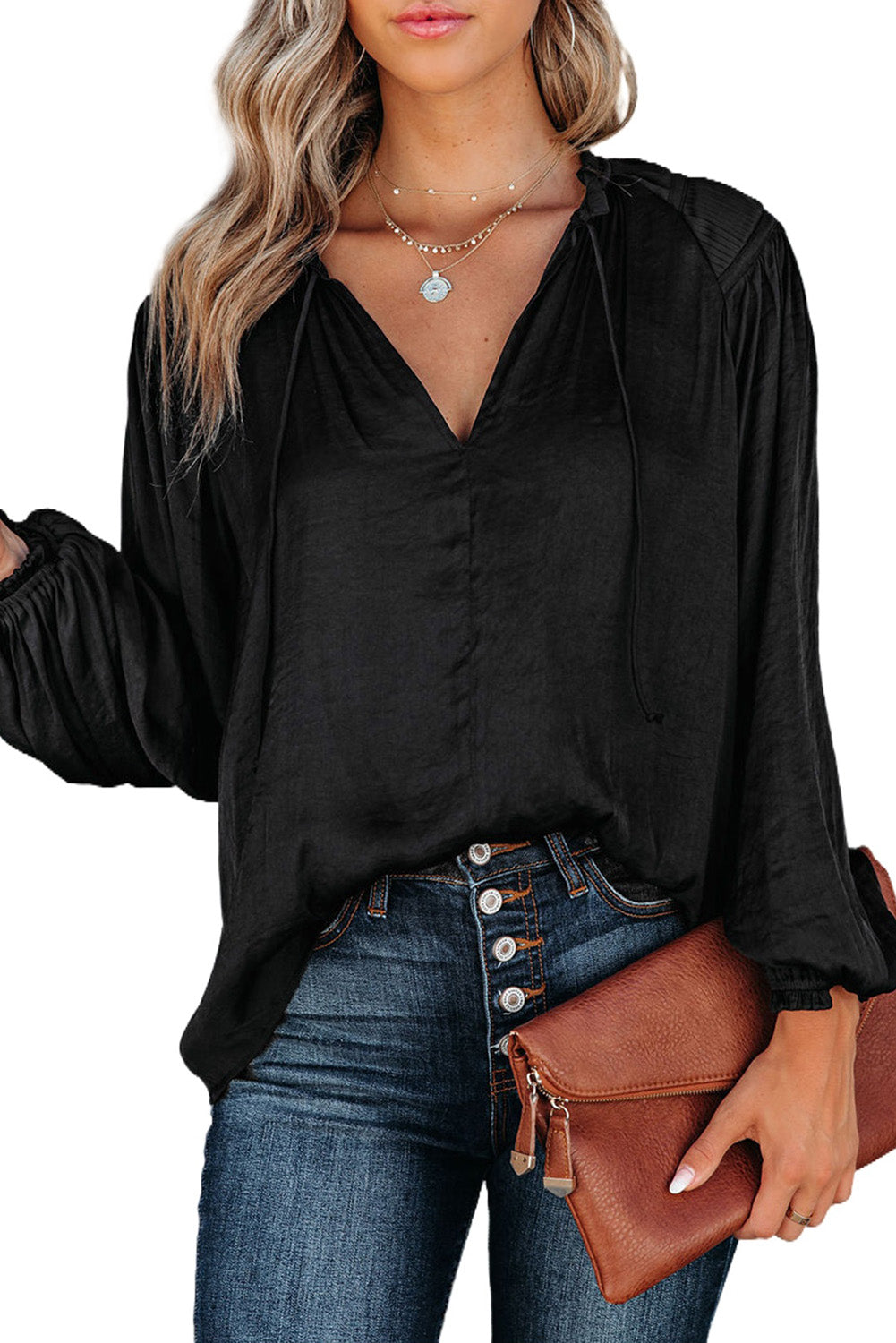 Black Pleated Balloon Sleeve Drawstring V-Neck Blouse