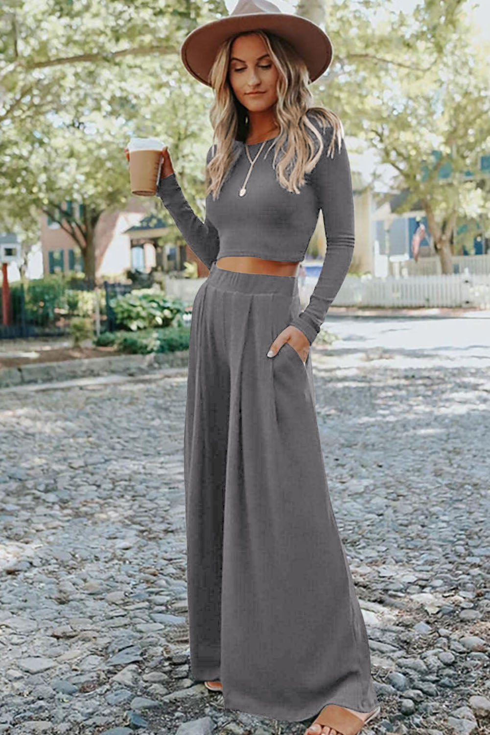 Gray Solid Color Ribbed Crop Top Long Pants Set