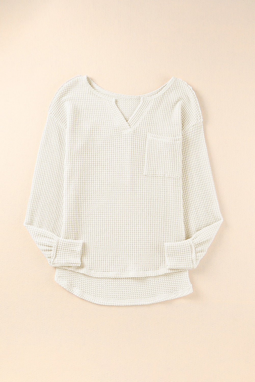 Beige Waffle Knit Split Neck Pocketed Loose Top