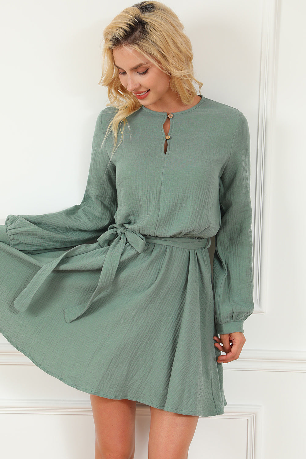 Pickle Green Button Neck Puff Sleeve Belted Pleated Mini Dress