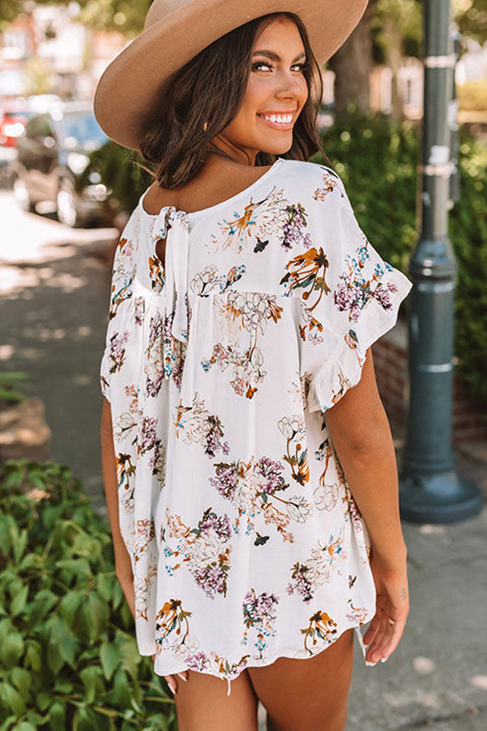 White Floral Ruffled Short Sleeve Back Knot Blouse