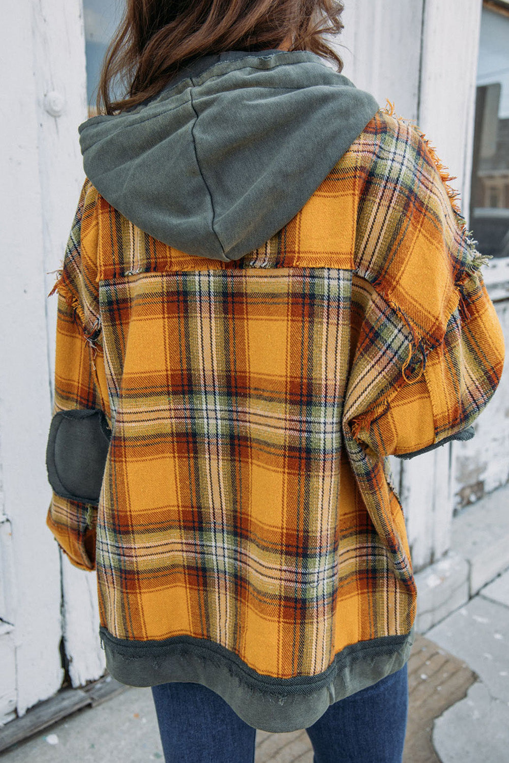 Orange Plaid Patch Hooded Frayed Snap Button Jacket