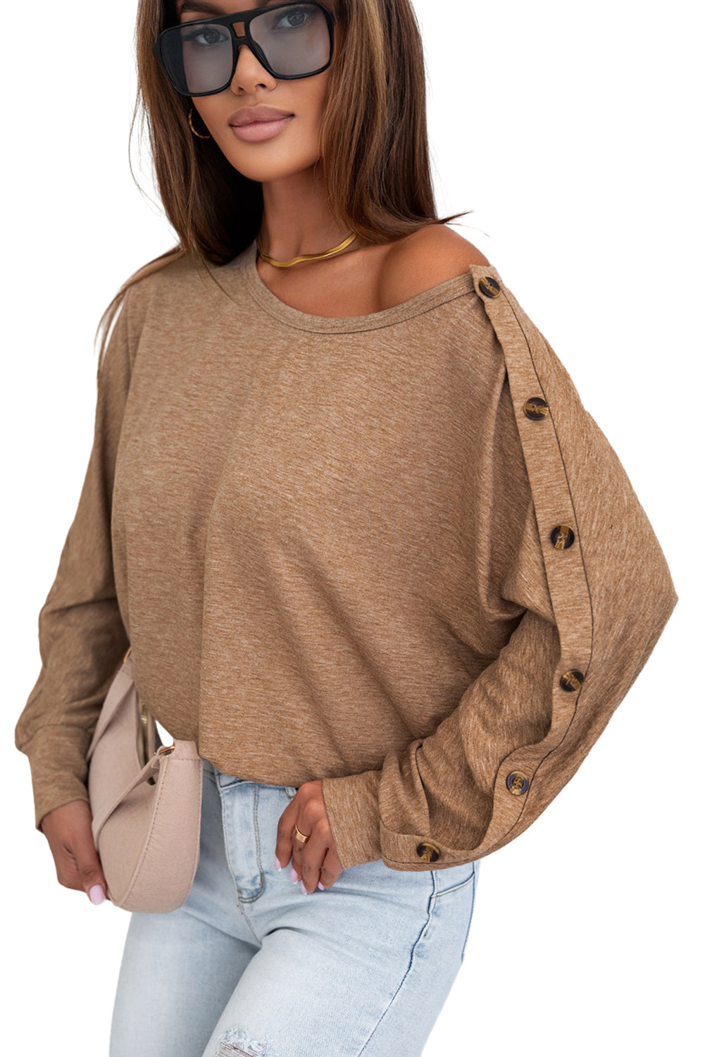 Khaki Solid Color Button Decor Dolman Sleeve Top